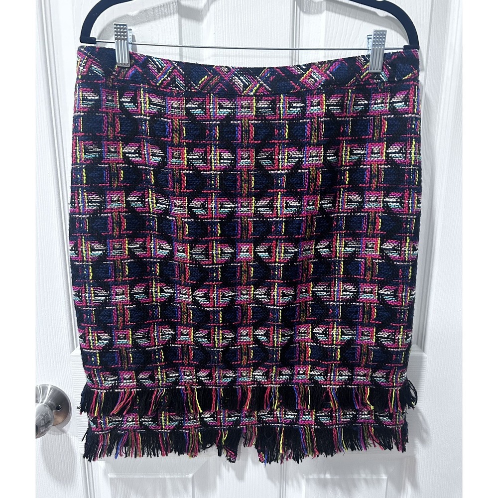 Trina Turk Fringe Tweed Pencil Skirt Multicolor Neon Plaid Textured Sz 12